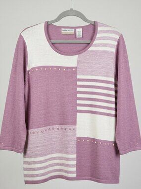 Alfred Dunner Women's Pink Stripe Colorblock Knit Sweater Top Beaded Size 1X